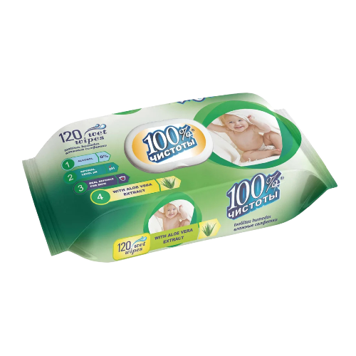 100% Чистоты Влажные салфетки для детей алоэ вера (120шт) КЛАПАН